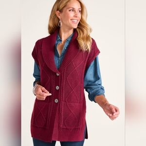 Soft Surroundings Cable Knit Sweater Vest 1X Cranberry Red Sleeveless Shawl Neck